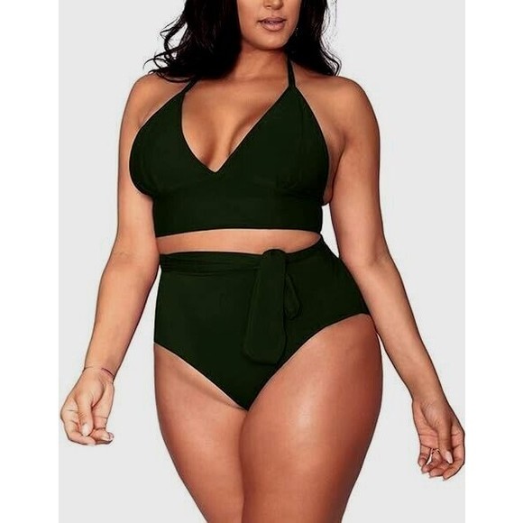 WOMEN'S STRETCH BIKINI 2 pc Swimsuit Plus Size 4XL Dark Green Vacation Beach - Picture 1 of 7